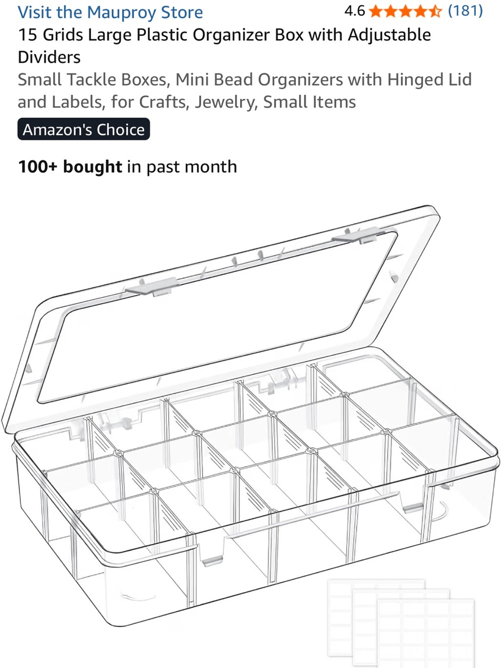 Clear 15-Compartment Plastic Organizer Box with Adjustable Dividers